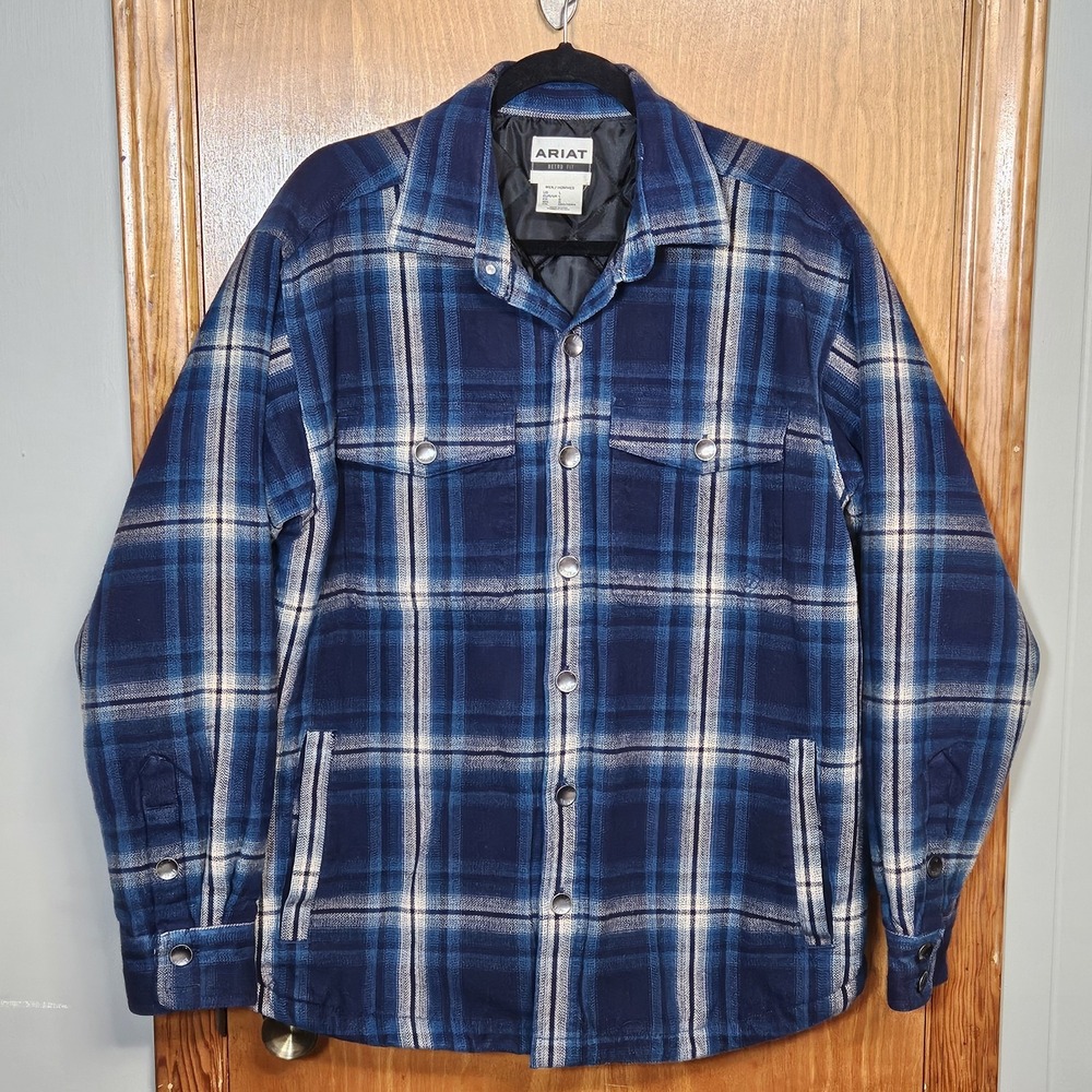 Ariat Shirt Jacket Mens LARGE Blue‎ Plaid Retro Fit Hannoch Insulated w/ Pockets